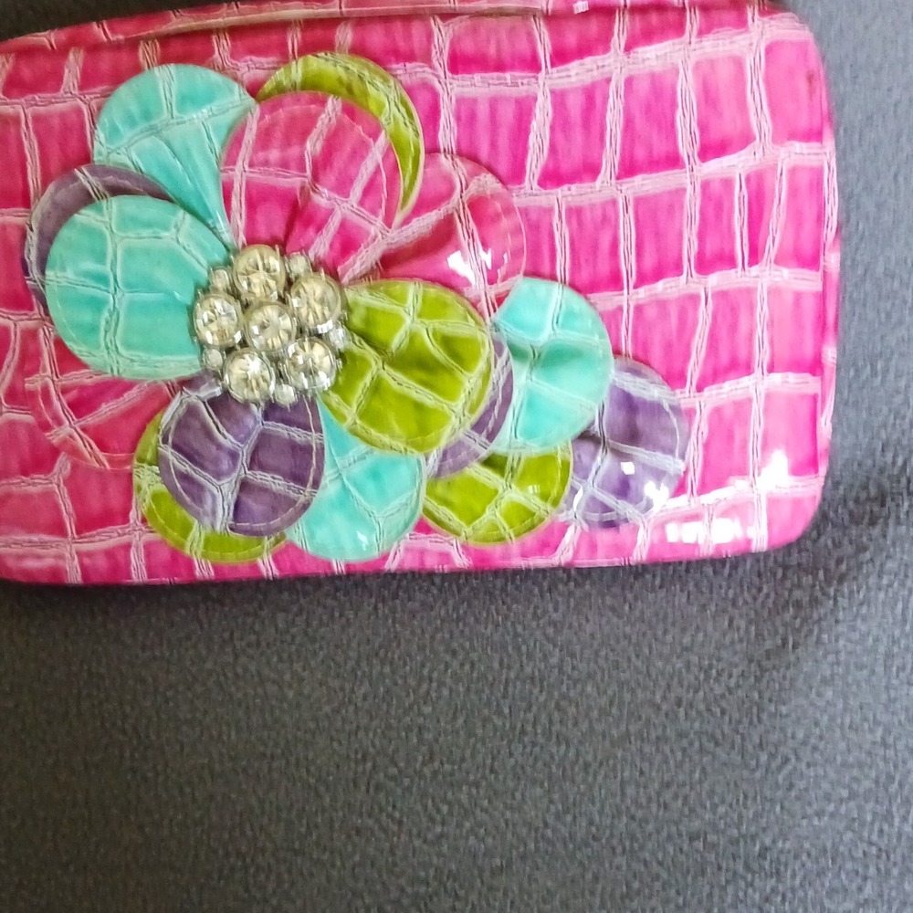 Pink‎ Crocodile Print Women's Clutch/Wallet w/ Flower Accent, Credit Card Slots